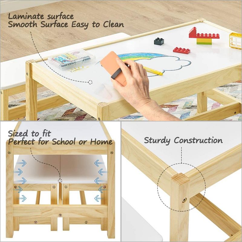 MUSEHOMEINC Solid Wood 3 In 1 Kids Toddlers Activity Play Arts and Crafts Table and Bench Chair Set with Whiteboard Surface for Playroom and School, 4 of 7