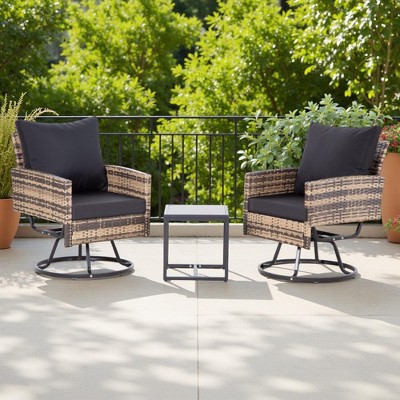 3-Piece Outdoor Patio Rattan Conversation Swivel Chairs Set with 2 Swivel Chair and Coffee Table