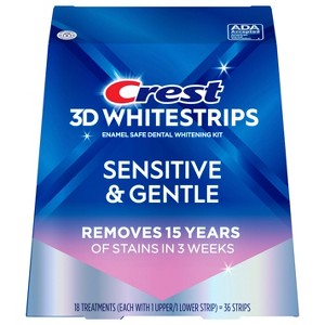 Crest 3D Whitestrips Sensitive & Gentle At-home Teeth Whitening Kit, 18 Treatments, Gently Removes 15 Years of Stains - 1 of 3