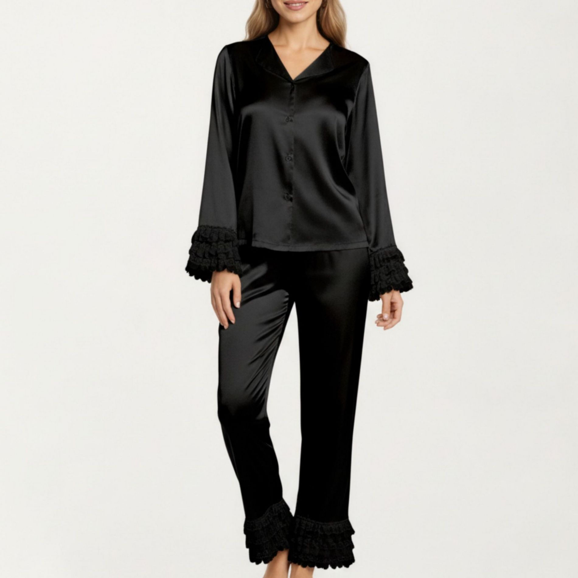 Anna-Kaci Lounge Women's Long Sleeve Pajama Set with Soft Button Front Top and Ruffled Cuff Trim Straight-Leg Pants