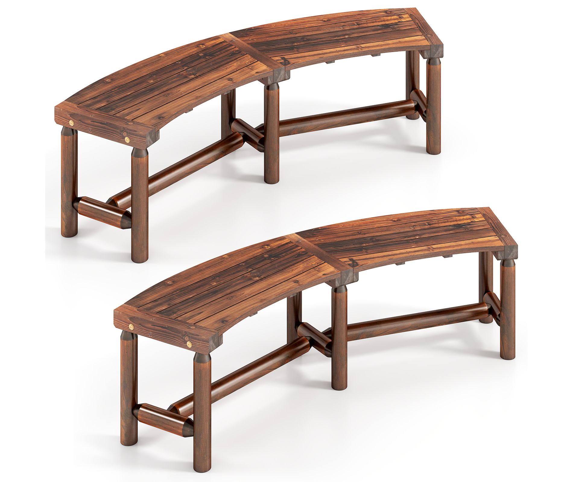 Tangkula 2PCS Patio Curved Bench for 2-3 People Outdoor Loveseat for Backyard Garden Brown