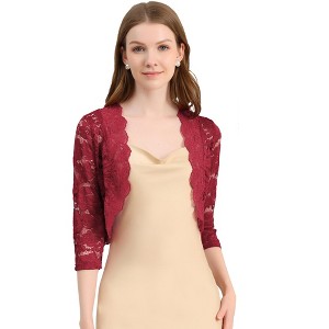 INSPIRE CHIC Women's Elegant 3/4 Sleeve Sheer Floral Lace Open Front Crop Shrug - 1 of 4