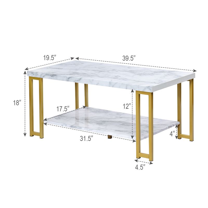 Modern Coffee Table Faux Marble Top Accent Cocktail Table w/Gold Metal Frame, 2 of 13