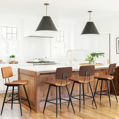 Arceso Bentwood Counter Height Bar Stool Set of 4, PU Leather Upholstered Barstools with Back, Bar Chairs 24.5 Inch