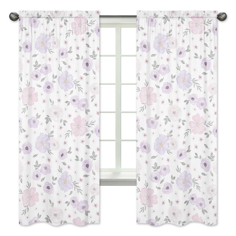 2pc Watercolor Floral Kids&#39; Window Panel Curtains Lavender and Gray - Sweet Jojo Designs, 1 of 7