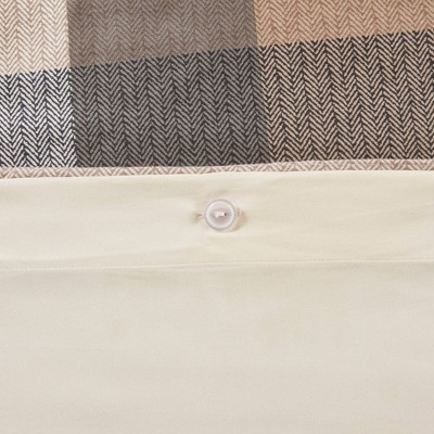 King/California King Neutral Herringbone Plaid Duvet Cover Set