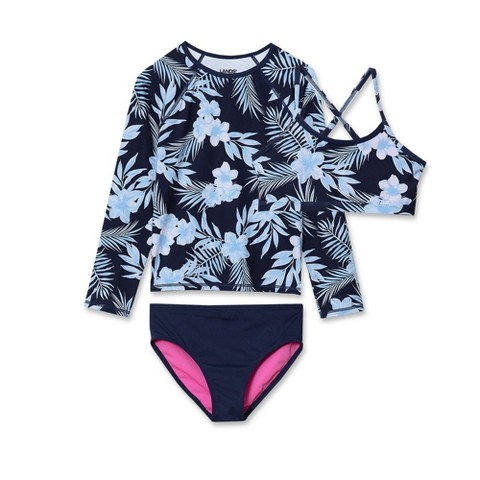 Lands' End Kids Chlorine Resistant Long Sleeve Rash Guard Bikini 3 Piece Swimsuit Set - Medium - Tropical Floral/Navy