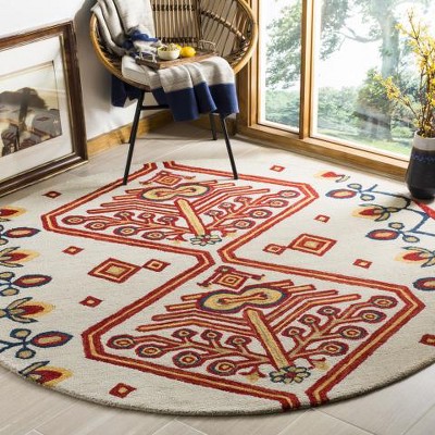 Ivory Geometric Handmade Wool Round Tufted Rug - 7' Diameter