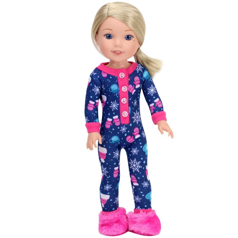 Sophia’s One Piece Winter Pajamas and Slippers for 14.5" Dolls, Blue/Hot Pink, 4 of 6