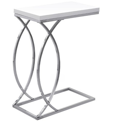 Vynxaria Contemporary Modern C-Shaped Accent Table Glossy White Laminate, Thick Top, Chrome Metal Supports, 0.75" High Base