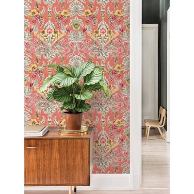 Peach Floral Damask Peel and Stick Wallpaper