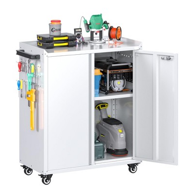 SUXXAN Metal Tool Cabinet with Pegboard and 4 Hooks,Garage Metal Storage Cabinet with Wheels,Assembly Required
