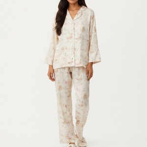 Anna-Kaci Lounge Women's 2-Piece Set Floral Print Button Front Pajama Top with Wide Cuff Sleeves and Matching Relaxed Fit Pants - 1 of 4