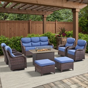 Belord High Back Outdoor Furniture with 6-Inch Thick Cushion, Patio Furniture Set with Fire Pit Table & Swivel Chair, 8PCS Wicker Conversation Set - 1 of 4