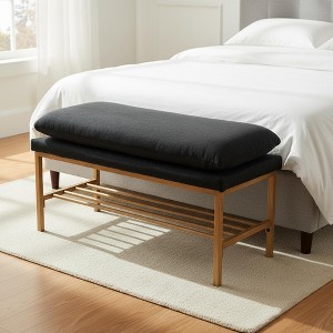 Homy Casa Upholstered Storage Shoe Bench with Metal Frame and Lower Rack for Entryway,Black - 1 of 4