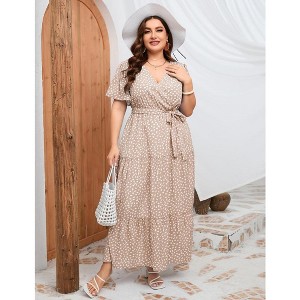 Women Plus Size Maxi Dress V Neck Summer Dress Short Sleeve Long Dress High Waist Ruffle Casual Dress with Belt - 1 of 4