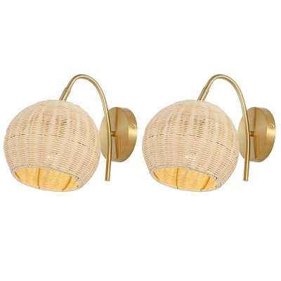 Nahum 8.5" Natural Rattan and Brass Wall Sconce Set