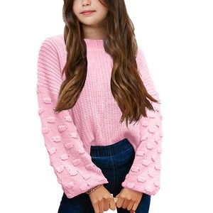 Girls Pullover Sweater Cable Knit Soft Comfy Sweater for Girls Crew Neck Sweater Puff Sleeve Ribbed Knit Cuff - 1 of 4