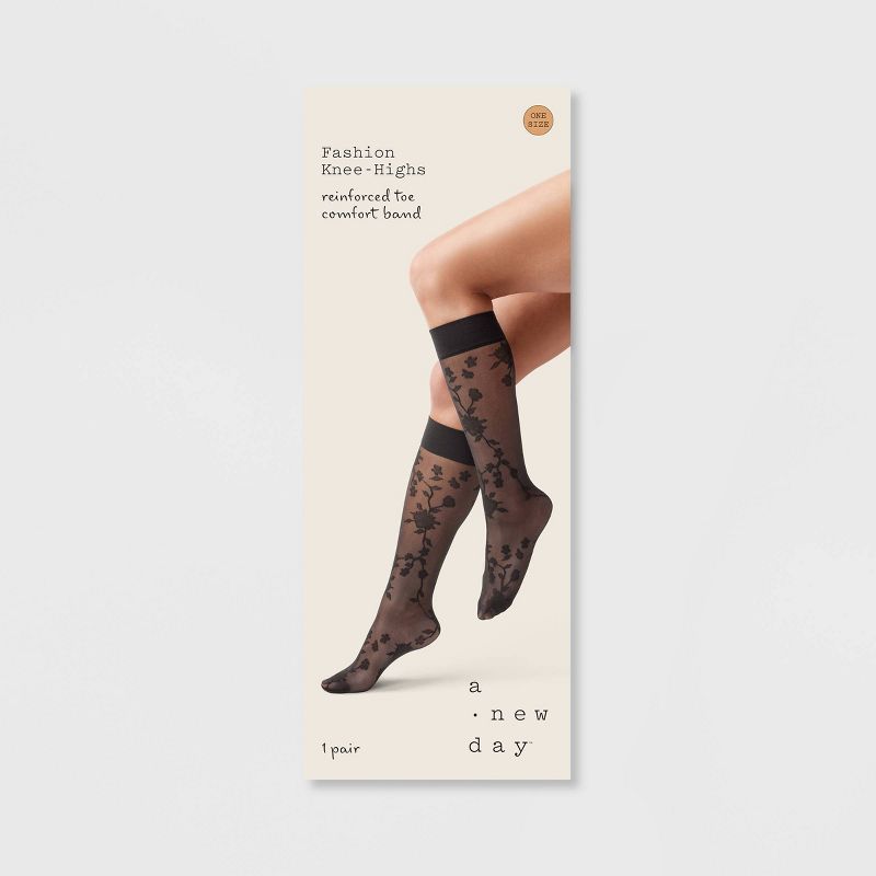 Women&#39;s Viney Floral Sheer Fashion Knee Highs - A New Day&#8482; Black One Size Fits Most, 2 of 3