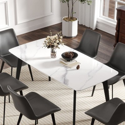 Modern Rectangular Dining Table for 6, Sintered Stone Top Kitchen Table, Curved Edge Table with Black Metal Legs-The Pop Home