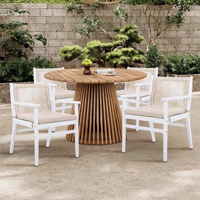 Set of 4 Modern Outdoor Patio Wood Dining Arm Chairs,Rope Back Garden Armrest Kitchen Dining Chair,Beige Cushioned Dining Armchair-Coolbibila