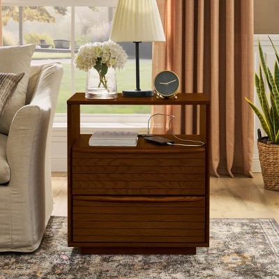 Mid Century Modern Nightstand with USB Ports, Charging Station, Louver Drawer Design and Open Shelf for Bedroom or Living Room-Maison Boucle