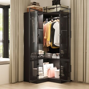 Famapy Black Elegant Corner Wardrobe with Glass Doors and LED Lights - 1 of 4