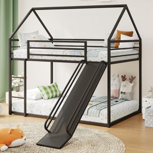 ELJGET Twin Over Twin Bunk Bed, Montessori Floor Bunk Bed Frame with Convertible Slide, Heavy Duty Metal Low Bed with House Shape and Roof for Kids - 1 of 4