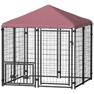 Skyzone 4.6'x4.6'x5' Outdoor Dog Kennel with Rotating Adjustable Bowls, Waterproof Cover, Lockable - 1 of 4