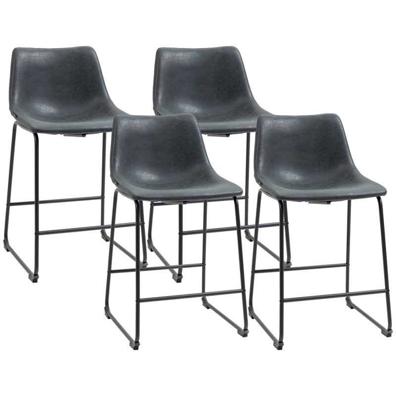 HOMCOM Counter Height Bar Stools Set of 4, Vintage PU Leather Barstools with Footrest for Dining Room, Home Bar, Kitchen, Black, 1 of 7