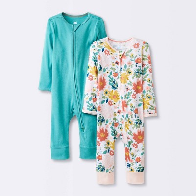 Image of Baby Girls' 2pk Zip Romper - Cloud Island™ Floral 0-3M