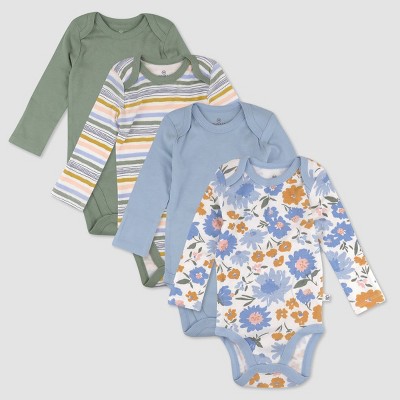 Image of Honest Baby 4pk Organic Cotton Floral Long Sleeve Bodysuit - Blue Newborn