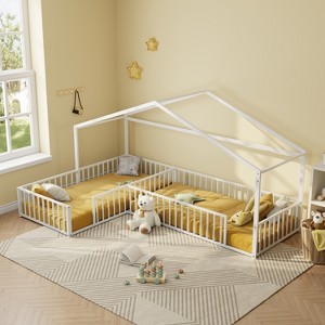 Double Twin Size L-Shaped Montessori House Bed Frame, Metal Corner Bed with Fence, Floor Bed Without Slats - ModernLuxe - 1 of 4