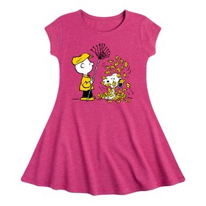 Girls' - Peanuts - Charlie Brown Snoopy Fall Leaves Fit & Flair Cap Sleeve Dress - 1 of 4