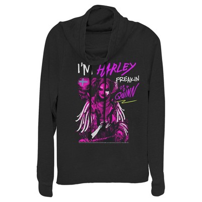 Junior's Birds of Prey Harley Freakin' Quinn Cartoon  Cowl Neck Sweatshirt - Black - Large