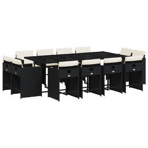 vidaXL Patio Dining Set Black Poly Rattan 13 Piece with Cushions - Compact Storage, Sturdy Glass Top, Comfortable Cushions - 1 of 4
