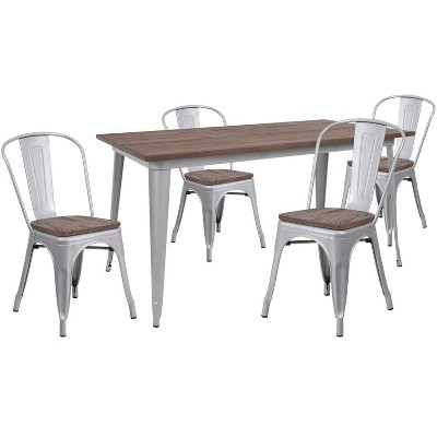 Emma and Oliver 30.25" x 60" Metal/Wood Table Set - 4 Stack Chairs