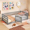 Safstar Twin Size Floor Bed w/High Fence & Door Safety Guardrails Wood Floor Bed Frame - 3 of 4