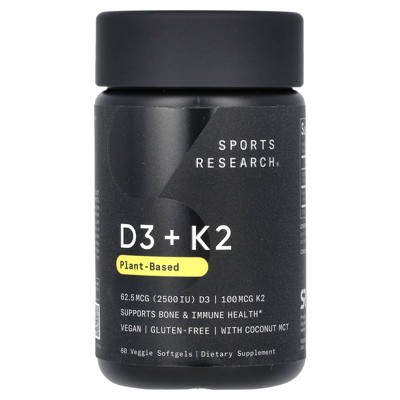 Sports Research D3 + K2, Plant-Based, 62.5 mcg/100 mcg, 60 Veggie Softgels