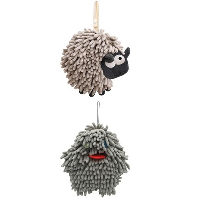 REGALWOVEN 2 Packs Cute Sheep Shape Absorbent Fast Drying Chenille Hand Towels with Hanging Loop 7" x 7"