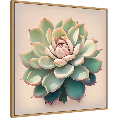 Echeveria Succulent Pastel Canvas Art with Maple Frame