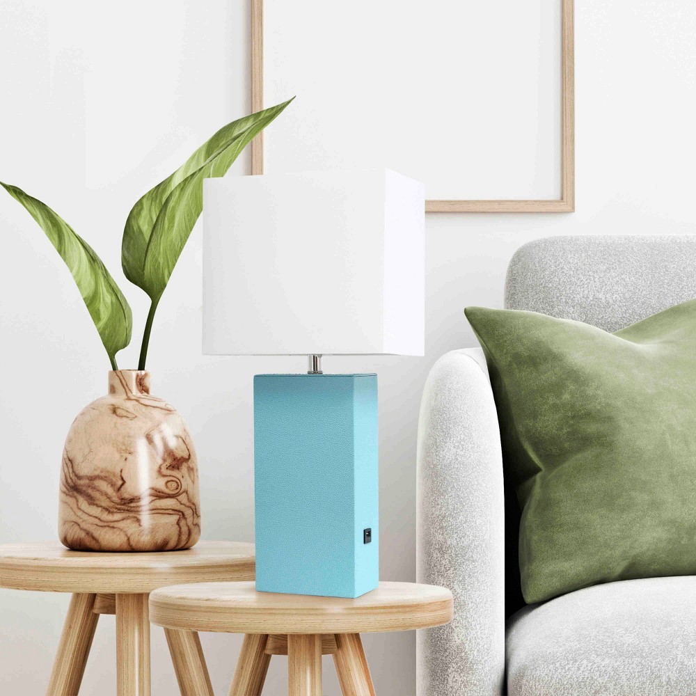 Lalia Home Lexington 21" Leather Base Modern Table Lamp with USB Charging Port and Feit LED (Includes LED Light Bulb) Aqua Blue