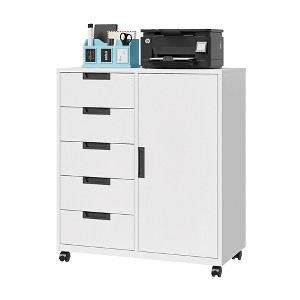 Mlezan 5-Drawer Storage Cabinet: Mobile Printer Stand with Shelves and Door. Dresser Chest for Home Office Organization and Storage. - 1 of 4