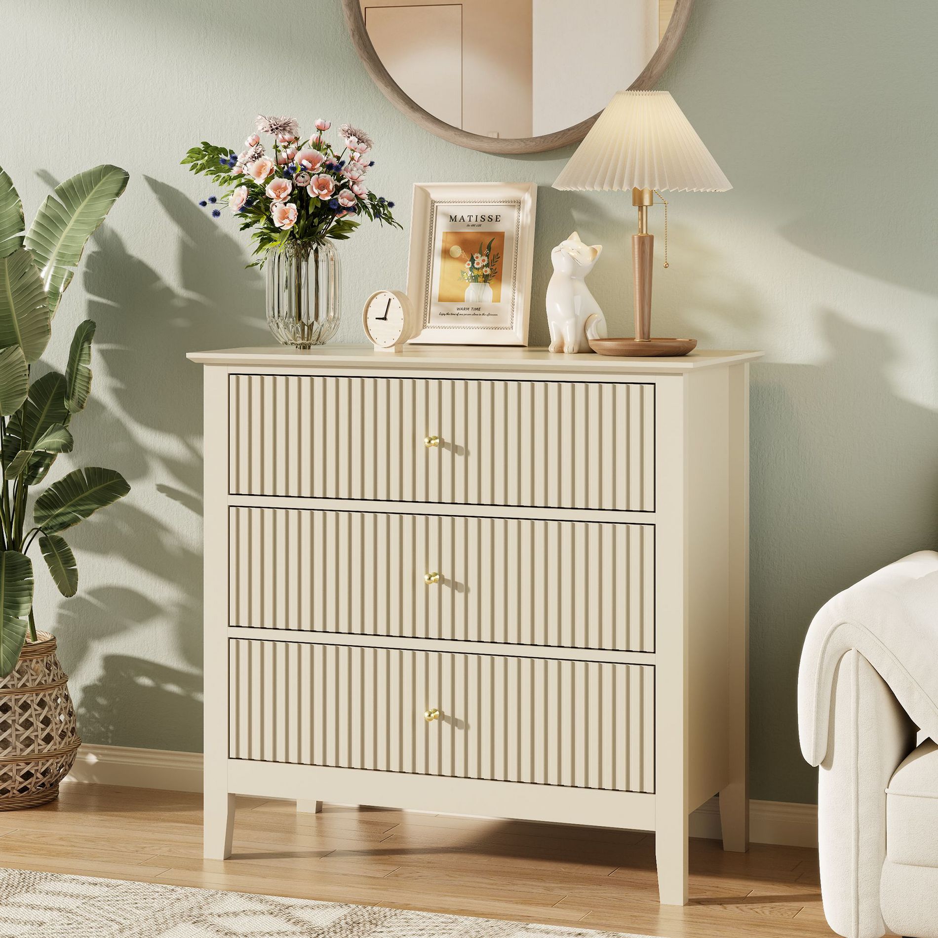 Fluted Dresser with Drawer, Modern Dressers for Bedroom, Natural Wood Dresser Organizer Dresser with Blister Drawers