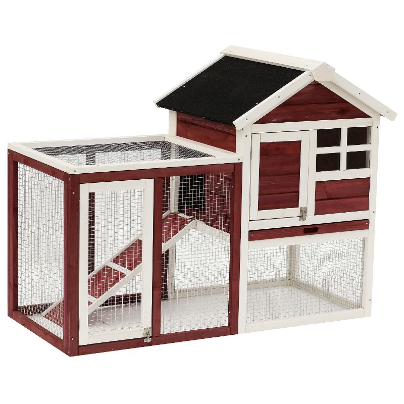 PawHut 48" Wooden Rabbit Hutch Bunny Cage with Waterproof Asphalt Roof, Fun Outdoor Run, Removable Tray and Ramp, 1 of 9