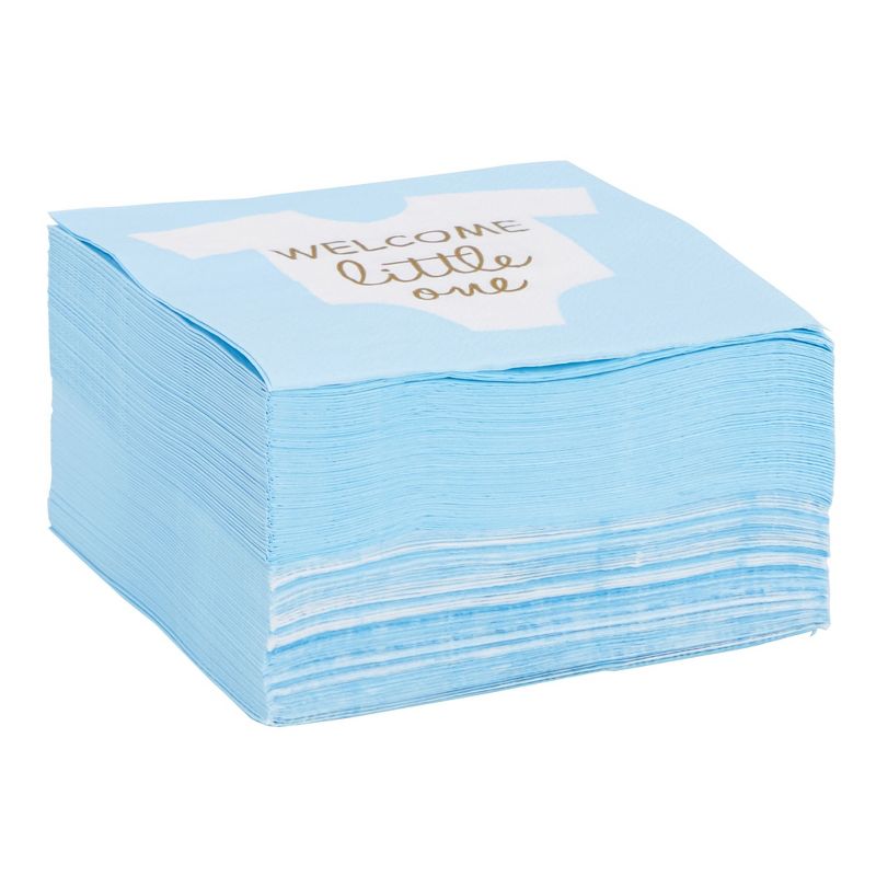 Blue Panda 100-Pack Baby Shower Napkins for Boy - "Welcome Little One" Baby Boy Party Decorations (Light Blue, 5x5 In), 5 of 7
