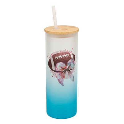 Elanze Designs 25 Ounce Frosted Glass Gradient Travel Tumbler With Straw and Wooden Lid, Football With Disco Bow Sky Blue
