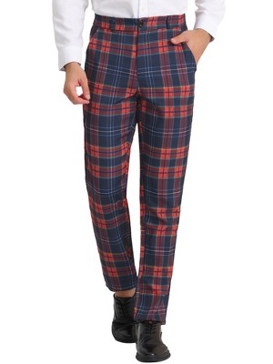 Lars Amadeus Men's Plaid Regular Fit Flat Front Classic Elastic Waist Suit Pants  Red 30 : Target