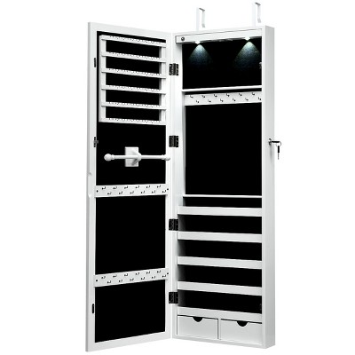 Tangkula Lockable Wall Door Mount Mirrored Cabinet Jewelry Organizer w/ LED Lights