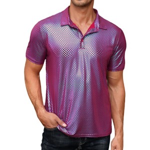 BLUEMING Mens Shirt Short Sleeve Polo Vintage Sequin Metallic 70s Outfits Party Costume Top - 1 of 4
